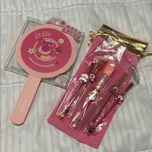 Makeup brushes set with mirror Pink Strawberry Bear 7pcs Set NWT